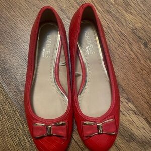 Head Over Heels Red Quilted Ballet Flats with Bow and Gold Accent